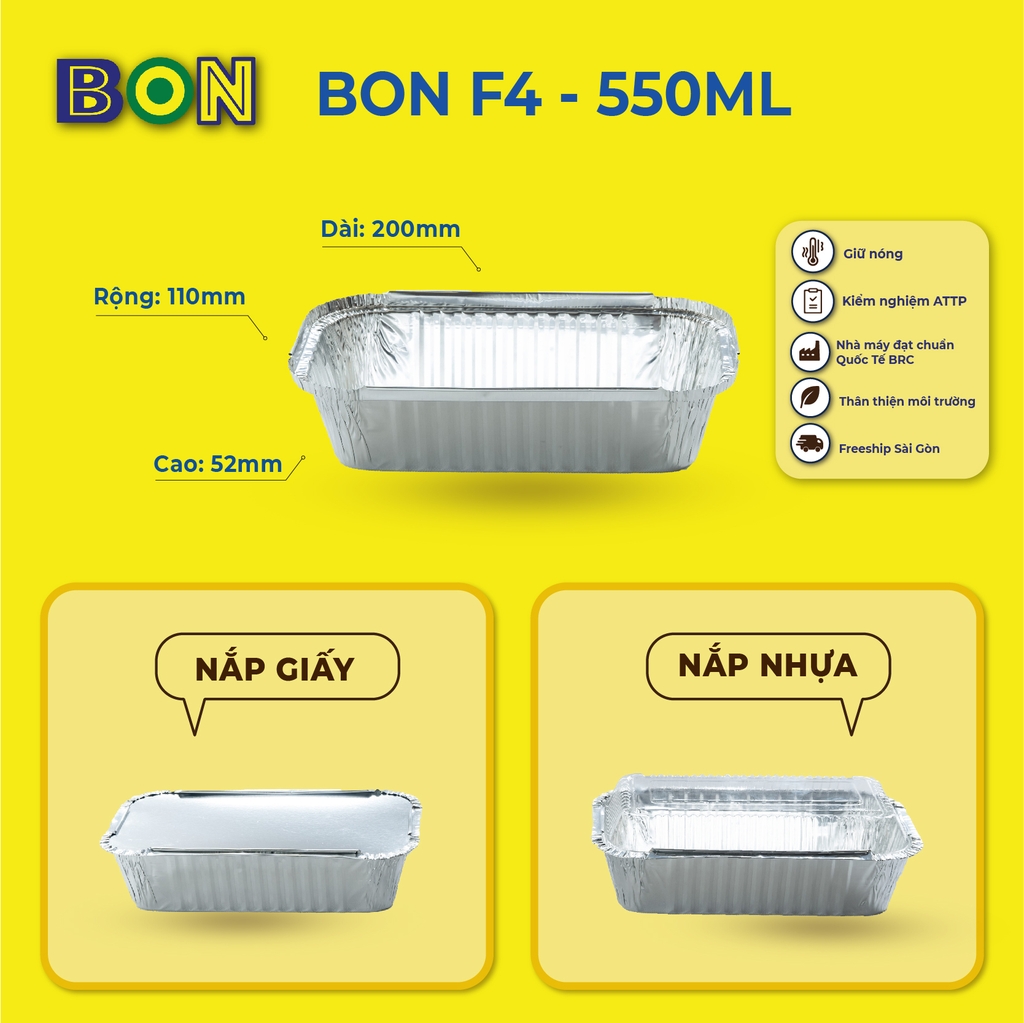 LỐC 20 HỘP NHÔM TAKE AWAY BON F4 550ML - GIỮ NÓNG, ĐỰNG XÔI, MÌ Ý, MÌ XÀO - Giá đã gồm HĐ VAT