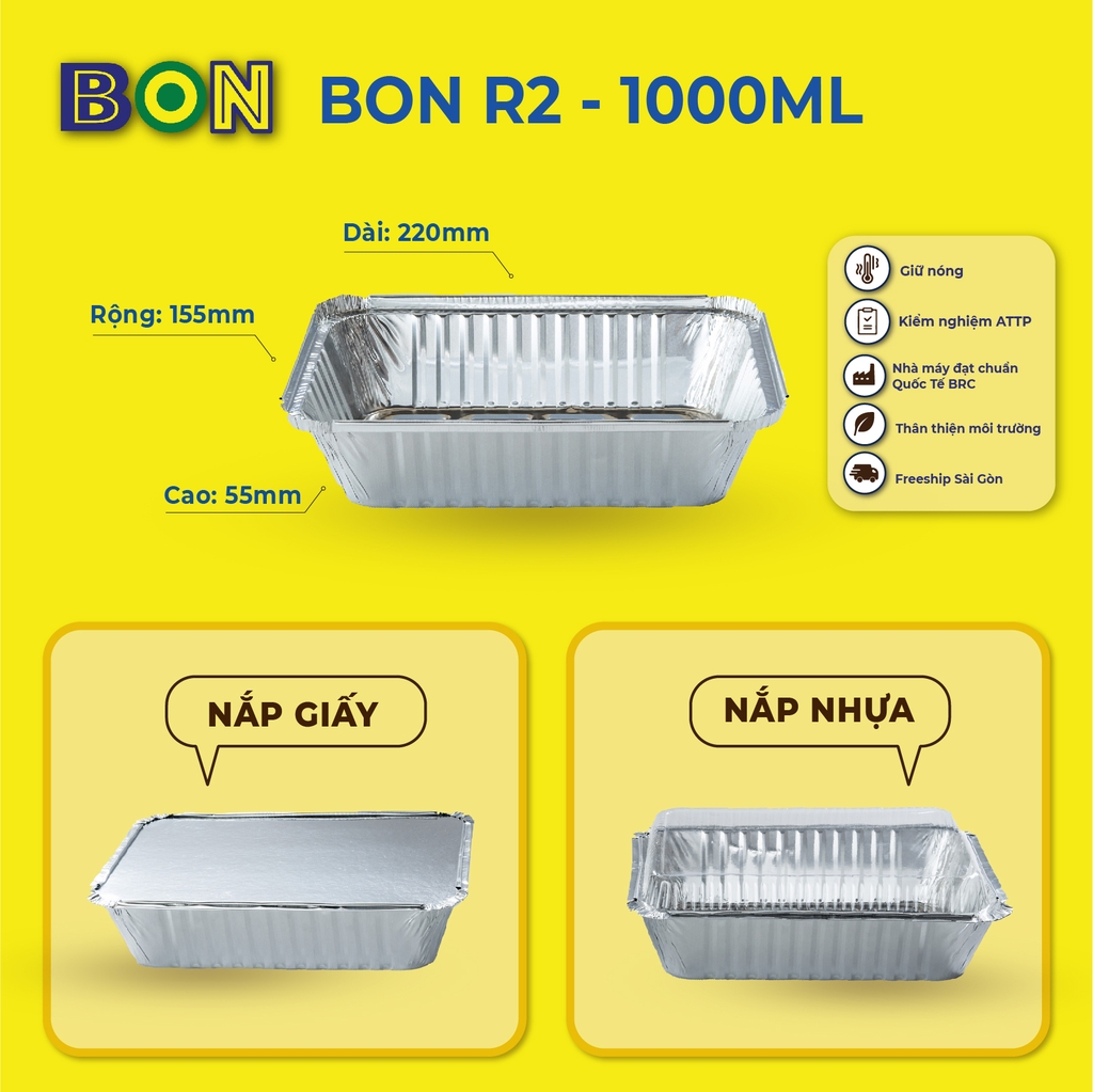 LỐC 20 HỘP NHÔM TAKE AWAY BON R2 1000ML - GIỮ NÓNG, ĐỰNG HẢI SẢN ỐC, TÔM, CUA, GHẸ - Giá đã gồm HĐ VAT