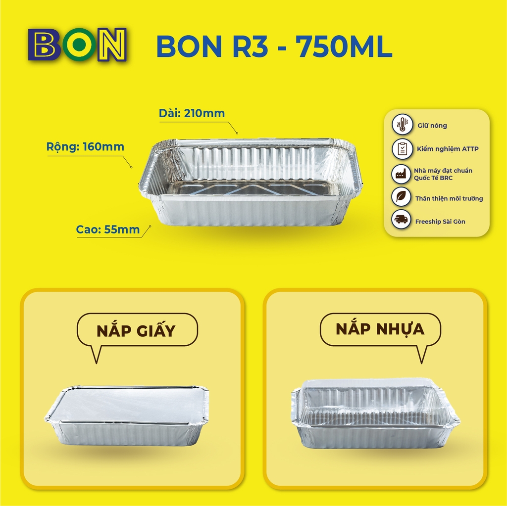 LỐC 20 HỘP NHÔM TAKE AWAY BON R3 750ML - GIỮ NÓNG, ĐỰNG MÌ Ý, CƠM GÀ, CƠM TẤM, MÌ TRỘN, CƠM CHIÊN - Giá đã gồm HĐ VAT