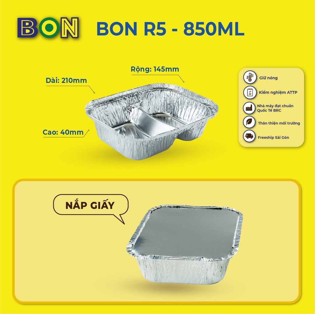 LỐC 20 HỘP NHÔM TAKE AWAY 2 NGĂN BON R5 850ML - GIỮ NÓNG, ĐỰNG MÌ Ý, CƠM GÀ, CƠM TẤM, MÌ TRỘN,... - Giá đã gồm HĐ VAT