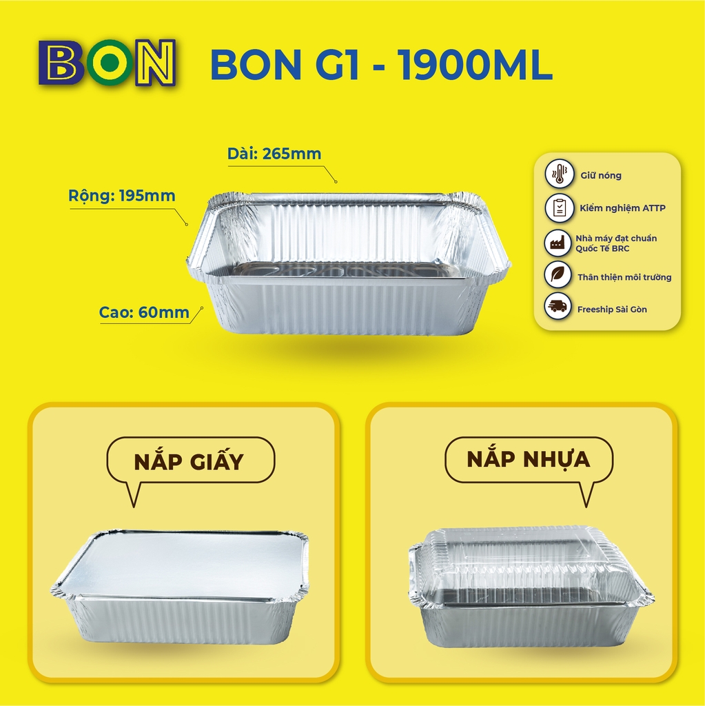 LỐC 20 HỘP NHÔM TAKE AWAY BON G1 1900ML - GIỮ NÓNG, ĐỰNG HẢI SẢN ỐC, TÔM, CUA, GHẸ - Giá đã gồm HĐ VAT