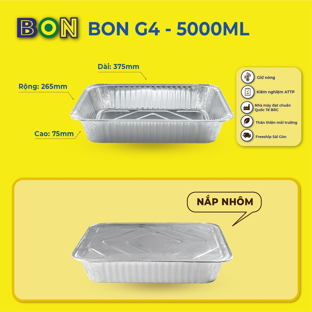 LỐC 5 KHAY NHÔM BBQ, PICNIC, TAKE AWAY BON G4 5000ML- GIỮ NÓNG, ĐỰNG CÁ BỐNG MÚ, TÔM HÙM, HẢI SẢN, CUA HOÀNG ĐẾ - Giá đã gồm HĐ VAT