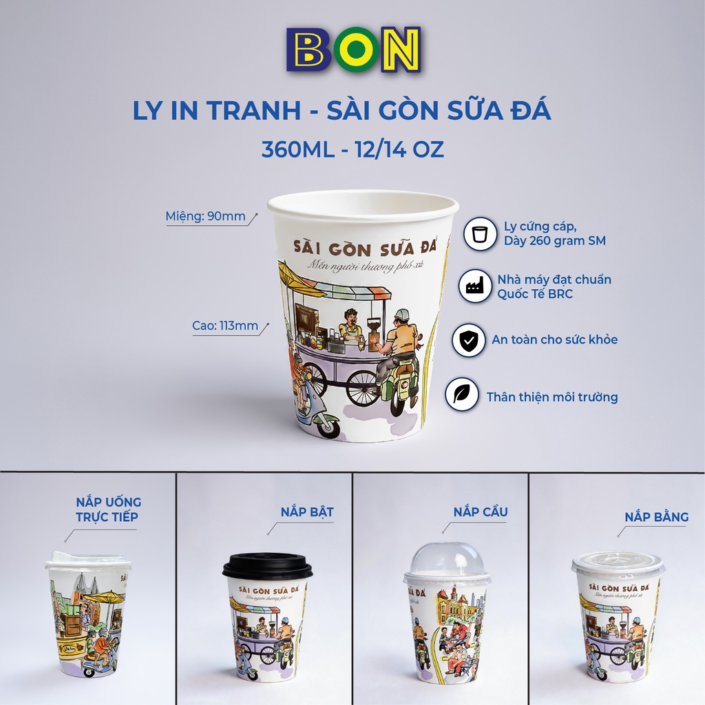 LỐC 50 LY IN TRANH - SÀI GÒN SỮA ĐÁ 360ML - CÀ PHÊ ĐÁ, NƯỚC UỐNG LẠNH - LY DÀY, ĐẸP, 260 Gram SM - Giá đã gồm HĐ VAT