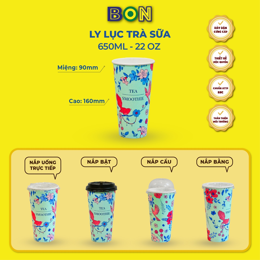 Lốc 50 Ly Giấy In Lục Trà Sữa 500ml / 650ml (22 oz) - Đựng Trà Sữa kèm Ly Topping 120ml có nắp, Ly Dày Đẹp, 260 Gram SM