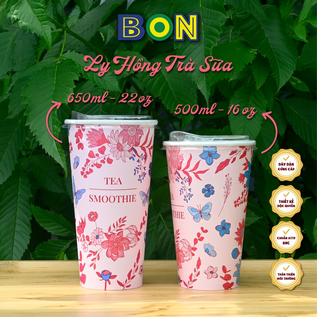 Lốc 50 Ly Giấy In Hồng Trà Sữa 500ml / 650ml (22 oz) - Đựng Trà Sữa kèm Ly Topping 120ml có nắp, Ly Dày Đẹp, 260 Gram SM