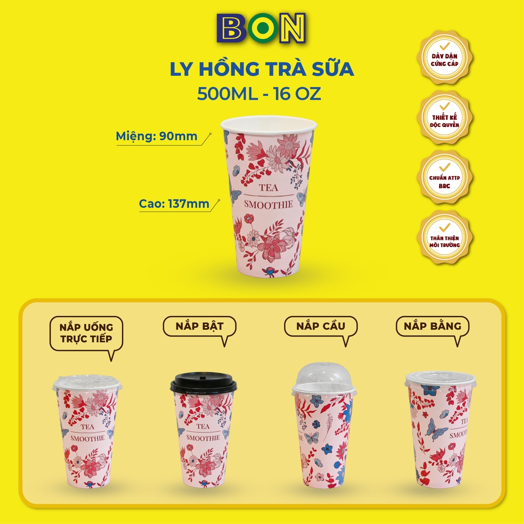 Lốc 50 Ly Giấy In Hồng Trà Sữa 500ml / 650ml (22 oz) - Đựng Trà Sữa kèm Ly Topping 120ml có nắp, Ly Dày Đẹp, 260 Gram SM