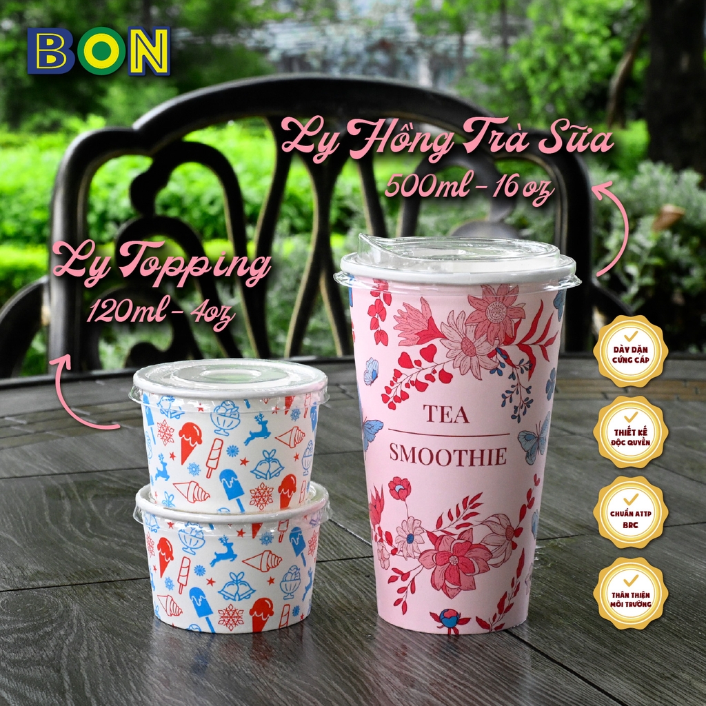 Lốc 50 Ly Giấy In Hồng Trà Sữa 500ml / 650ml (22 oz) - Đựng Trà Sữa kèm Ly Topping 120ml có nắp, Ly Dày Đẹp, 260 Gram SM