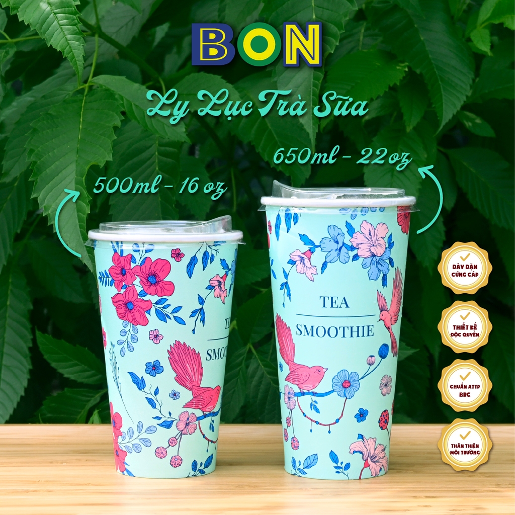 Lốc 50 Ly Giấy In Lục Trà Sữa 500ml / 650ml (22 oz) - Đựng Trà Sữa kèm Ly Topping 120ml có nắp, Ly Dày Đẹp, 260 Gram SM