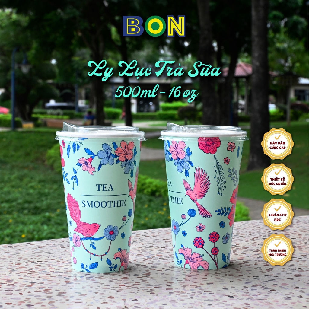Lốc 50 Ly Giấy In Lục Trà Sữa 500ml / 650ml (22 oz) - Đựng Trà Sữa kèm Ly Topping 120ml có nắp, Ly Dày Đẹp, 260 Gram SM