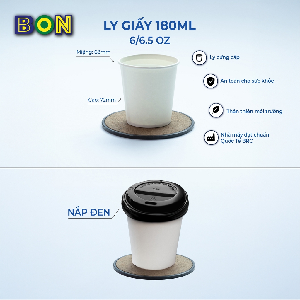 LY GIẤY TRẮNG CÓ NẮP 180ML - 6 OZ (THÙNG 2000 PCS/ 40 LỐC)