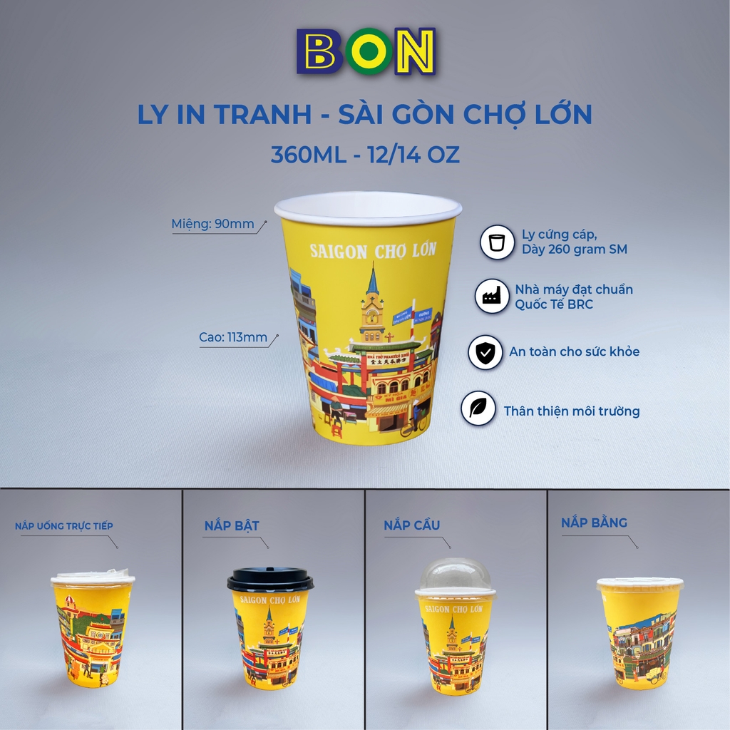 LỐC 50 LY IN TRANH - SÀI GÒN CHỢ LỚN 360ML - CÀ PHÊ ĐÁ, NƯỚC UỐNG LẠNH - LY DÀY, ĐẸP, 260 Gram SM - Giá đã gồm HĐ VAT