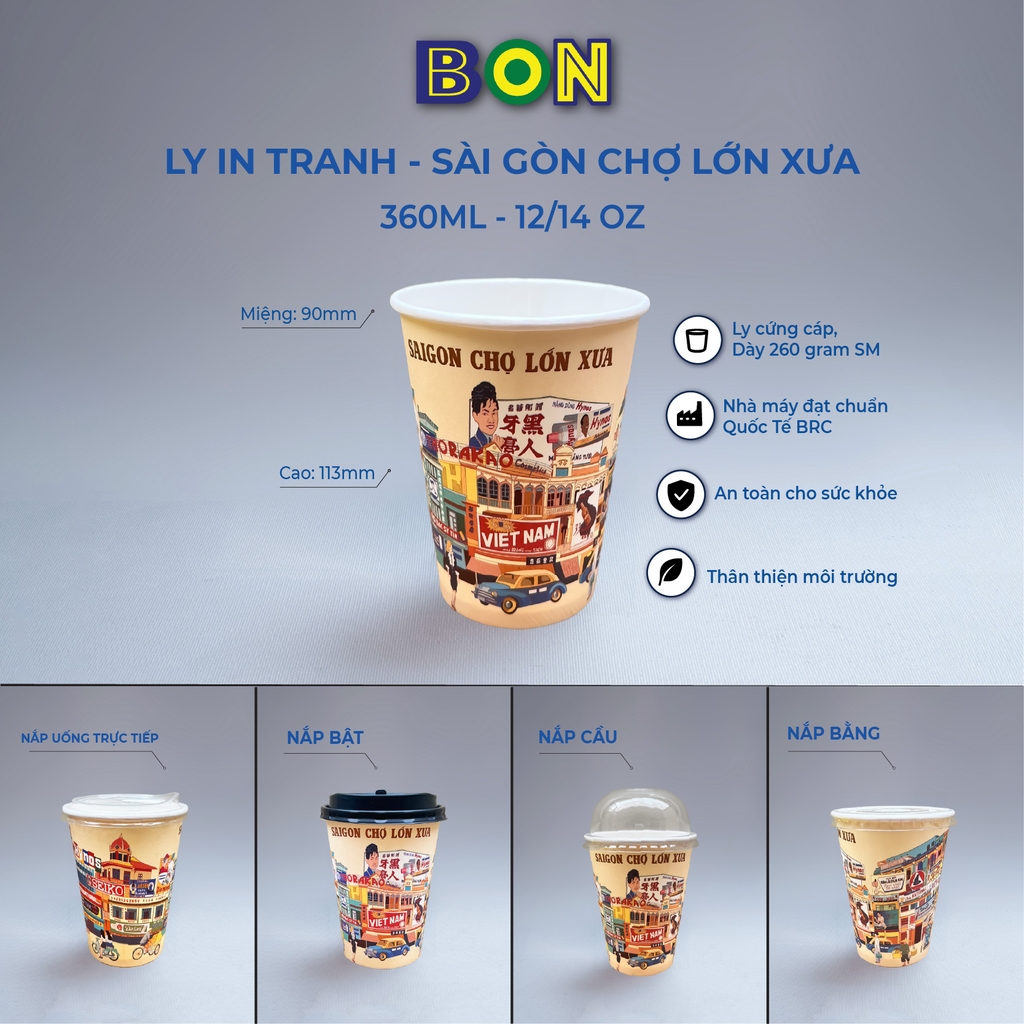 LỐC 50 LY IN TRANH - SÀI GÒN CHỢ LỚN XƯA 360ML - CÀ PHÊ ĐÁ, NƯỚC UỐNG LẠNH - LY DÀY, ĐẸP, 260 Gram SM - Giá đã gồm HĐ VAT