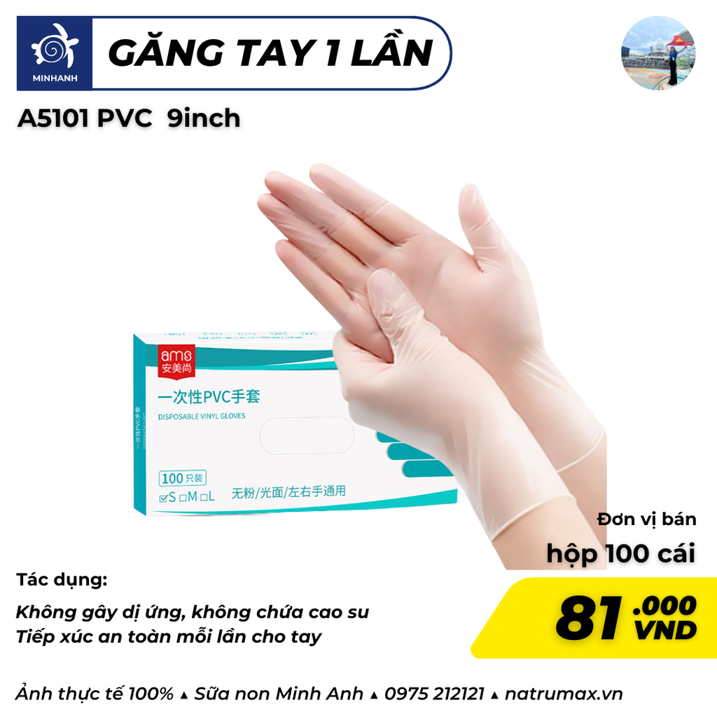 Găng tay Ams PVC dùng 1 lần trong suốt hộp 100 cái