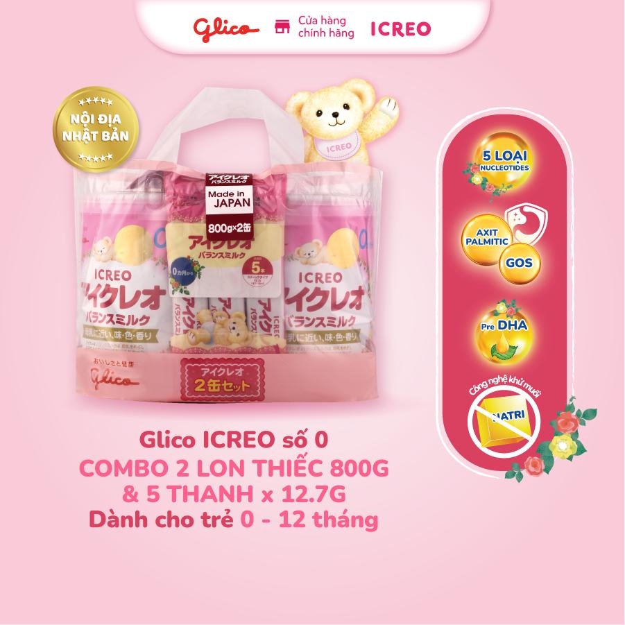 Combo 2 Lon Sữa Bột Glico Icreo Balance Milk (Icreo Số 0) (800g x2 lon) kèm 5 thanh nữa
