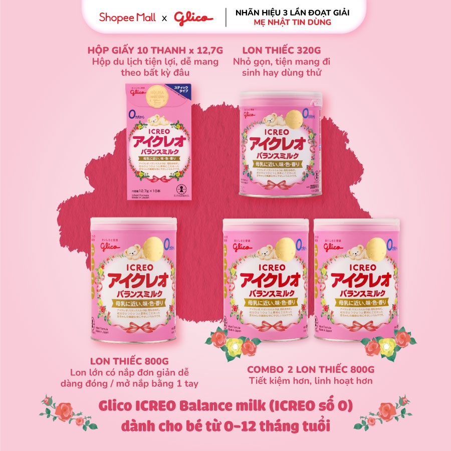 Combo 2 Lon Sữa Bột Glico Icreo Balance Milk (Icreo Số 0) (800g x2 lon) kèm 5 thanh nữa