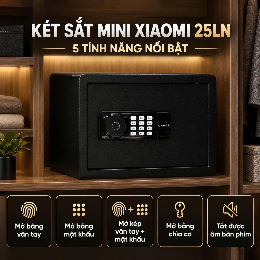 Két Sắt Mini CRMCR 25LN – Cao 25cm rộng 35cm sâu 31cm nặng 8.5kg khóa vân tay điện tử