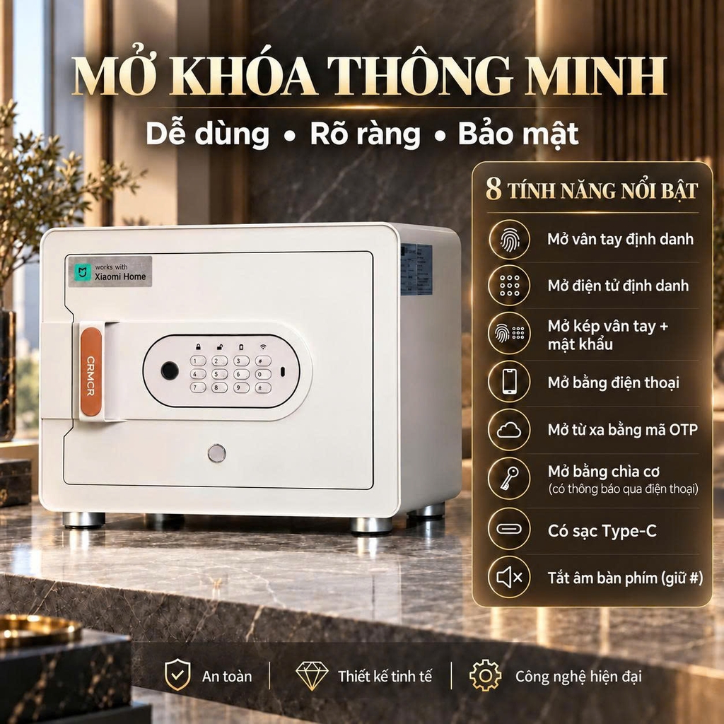 Két sắt mini Xiaomi CRMCR 30MS - Thương hiệu quốc tế, Khóa vân tay điện tử đạnh danh, 8 chế  độ cảnh báo thông minh qua điện thoại
