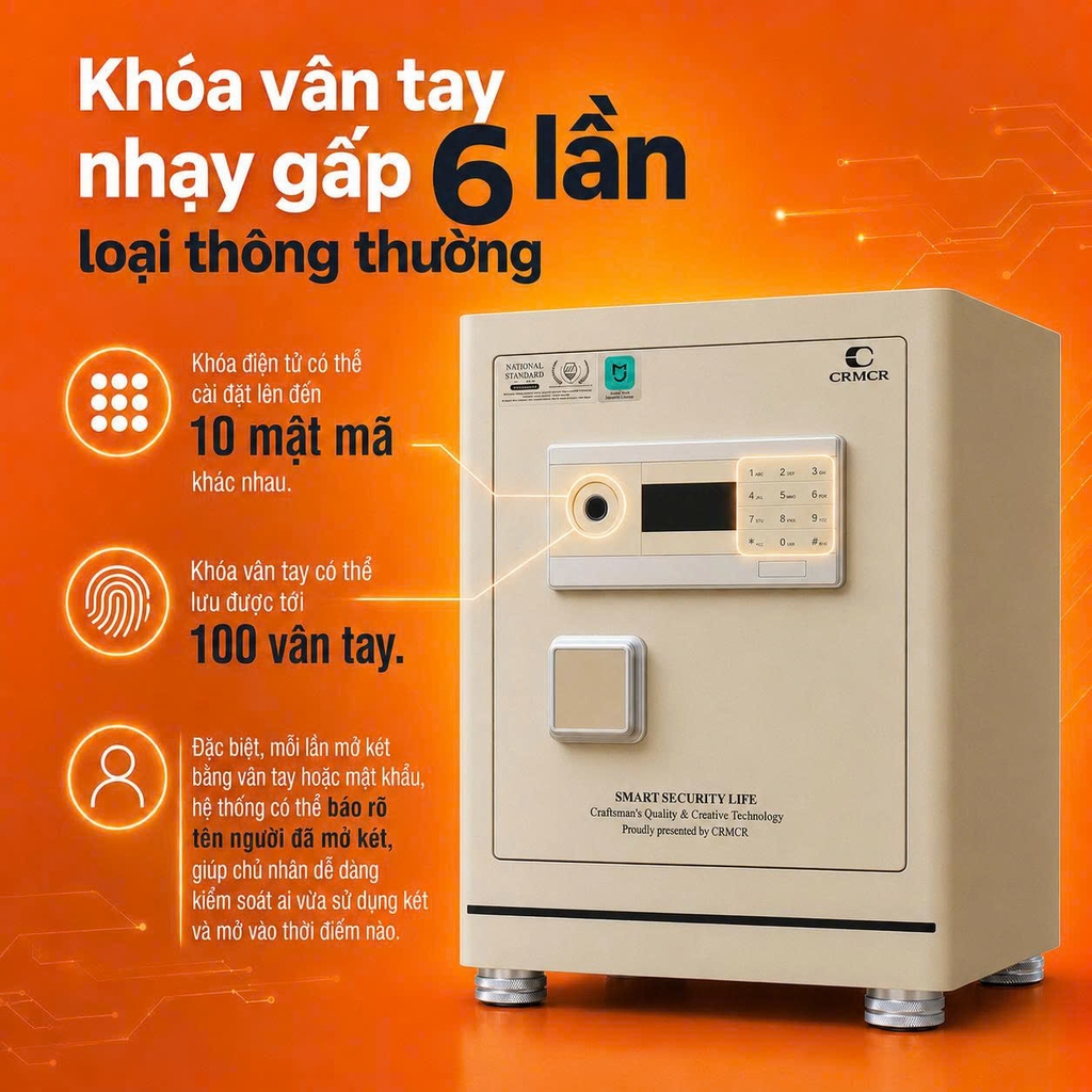 Két Sắt Thông Minh Xiaomi CRMCR 50LE – Vân Tay Điện Tử Định Danh Người Mở, Thép Q345 Đúc Đặc 6 Mặt, Bảo Hành 6 Năm