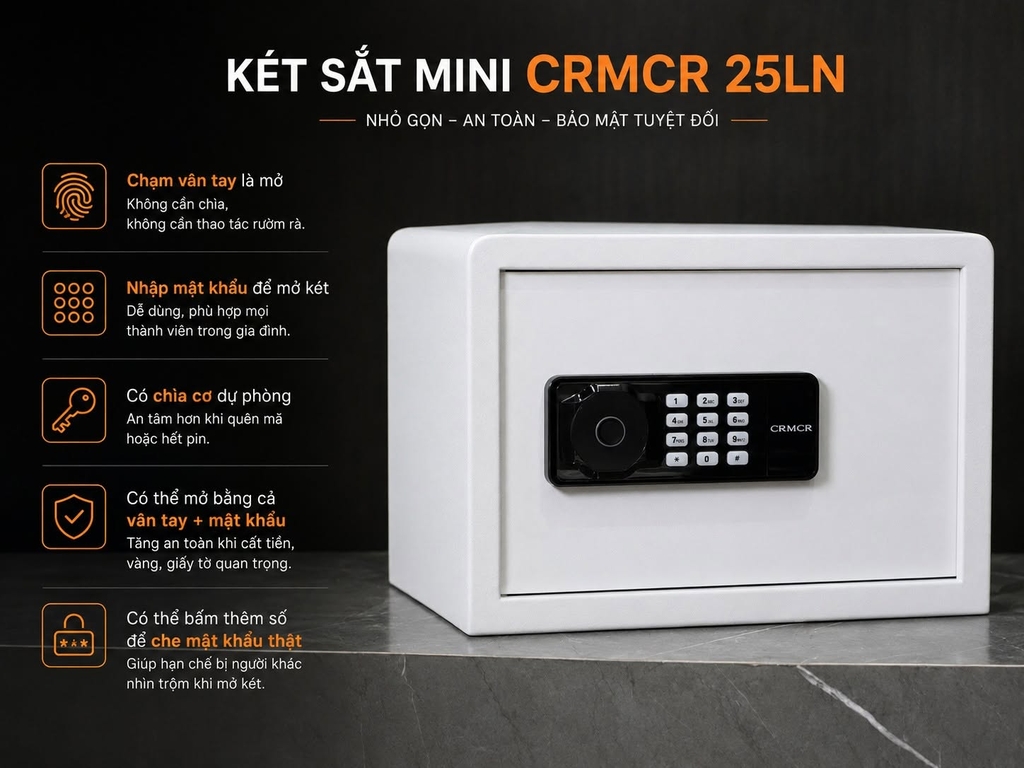 Két Sắt Mini CRMCR 25LN – Cao 25cm rộng 35cm sâu 31cm nặng 8.5kg khóa vân tay điện tử