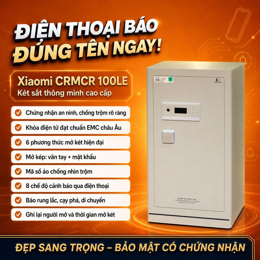 Két Sắt Xiaomi CRMCR 100LE Khóa Vân Tay Điện Tử Định Danh Người Mở, Thép Q345 Đúc Đặc 6 Mặt, 8 Chế Độ Cảnh Báo Điện Thoại