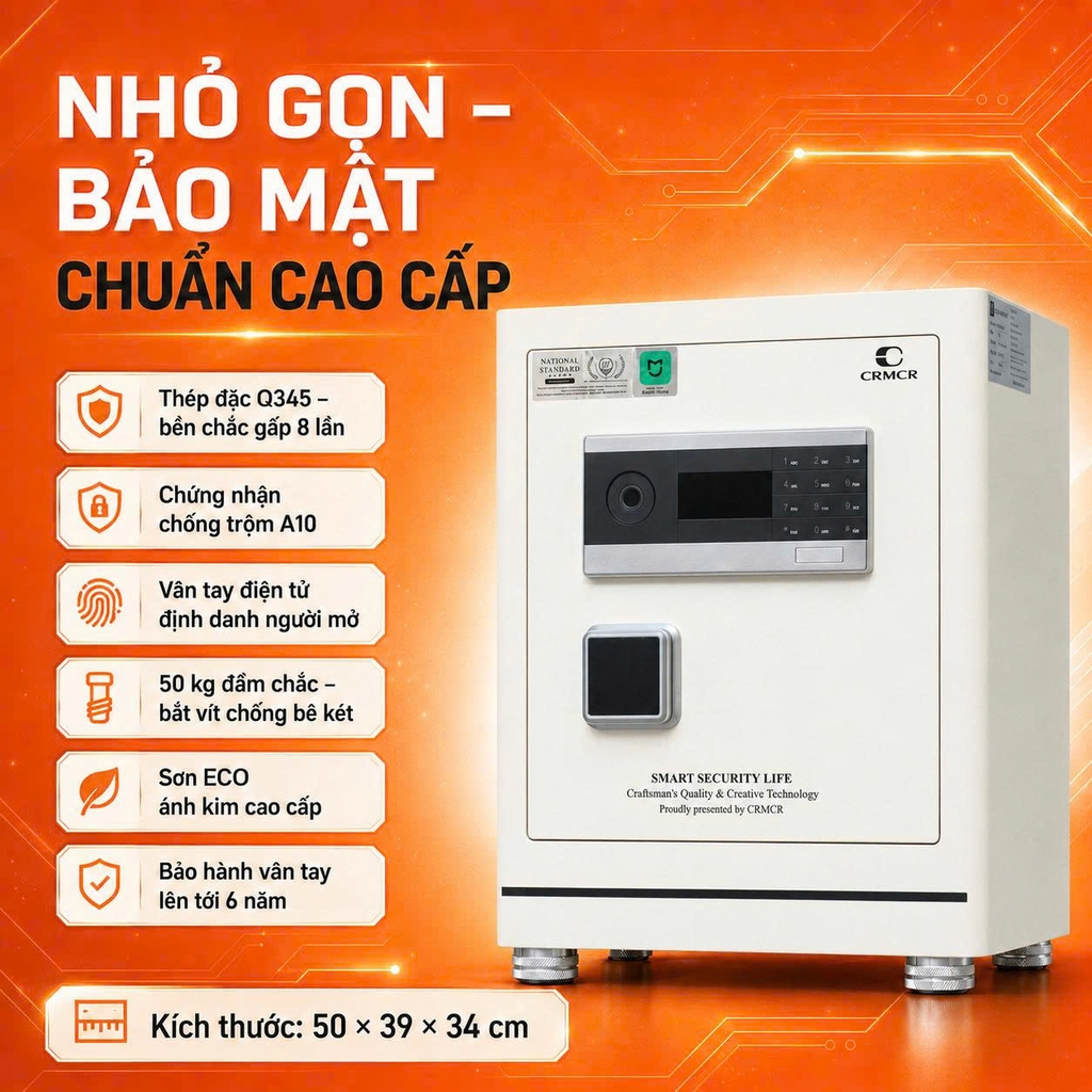 Két Sắt Thông Minh Xiaomi CRMCR 50LE – Vân Tay Điện Tử Định Danh Người Mở, Thép Q345 Đúc Đặc 6 Mặt, Bảo Hành 6 Năm