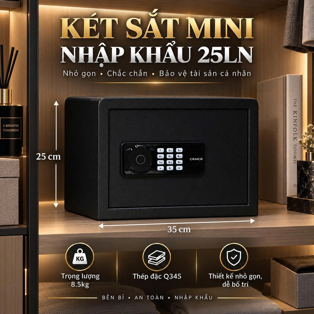 Két Sắt Mini CRMCR 25LN – Cao 25cm rộng 35cm sâu 31cm nặng 8.5kg khóa vân tay điện tử