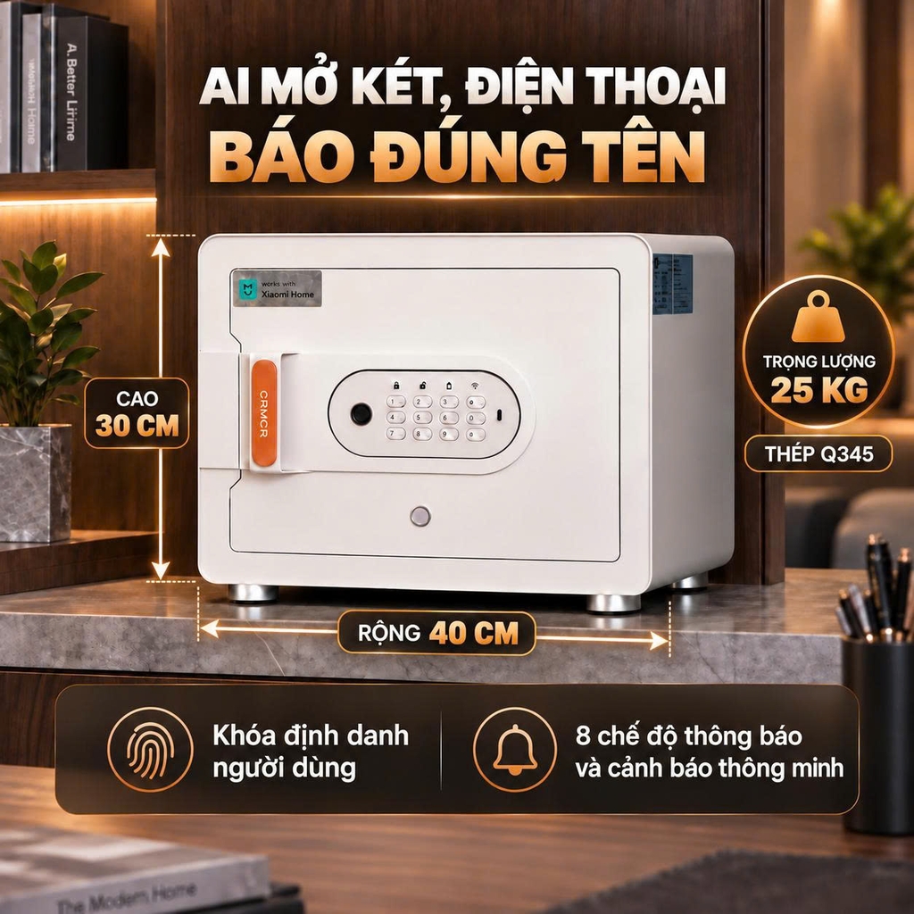 Két sắt mini Xiaomi CRMCR 30MS - Thương hiệu quốc tế, Khóa vân tay điện tử đạnh danh, 8 chế độ cảnh báo thông minh qua điện thoại