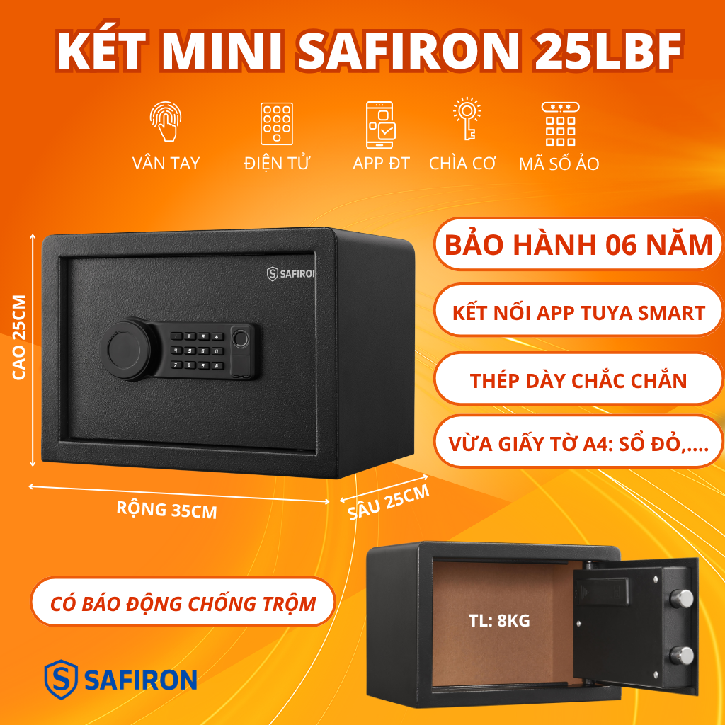 Két Sắt Mini Thông Minh Safiron 25LBF Vân Tay Điện Tử Kết Nối Điện Thoại