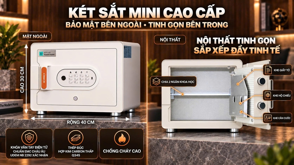 Két sắt mini Xiaomi CRMCR 30MS - Thương hiệu quốc tế, Khóa vân tay điện tử đạnh danh, 8 chế độ cảnh báo thông minh qua điện thoại