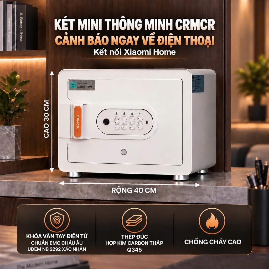 Két sắt mini Xiaomi CRMCR 30MS - Thương hiệu quốc tế, Khóa vân tay điện tử đạnh danh, 8 chế độ cảnh báo thông minh qua điện thoại