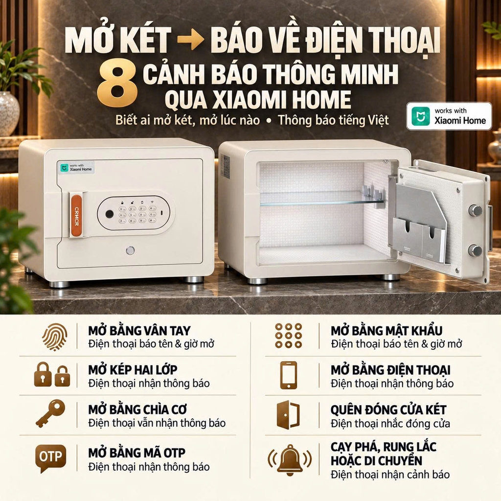 Két sắt mini Xiaomi CRMCR 30MS - Thương hiệu quốc tế, Khóa vân tay điện tử đạnh danh, 8 chế  độ cảnh báo thông minh qua điện thoại