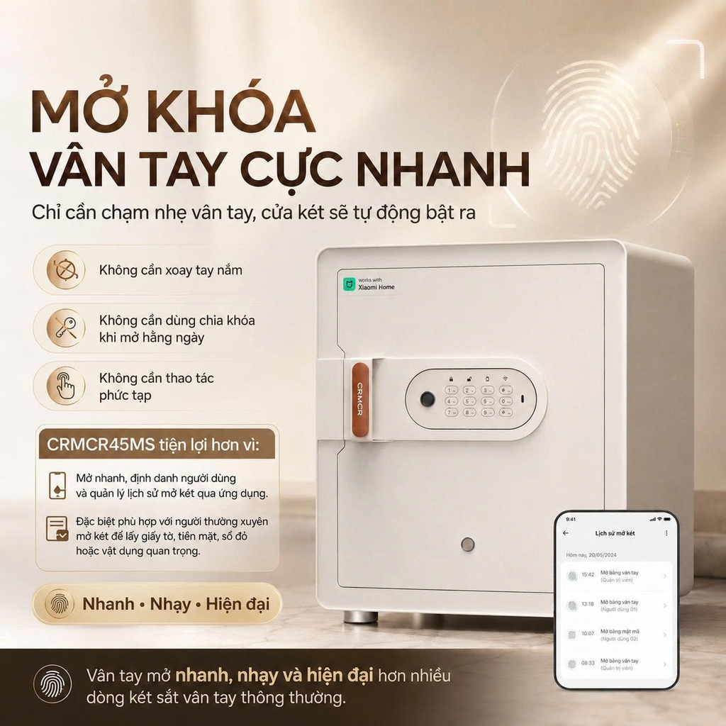 Két sắt thông minh thép đúc đặc Xiaomi CRMCR 45MS - Khóa vân tay điện tử định danh người mở