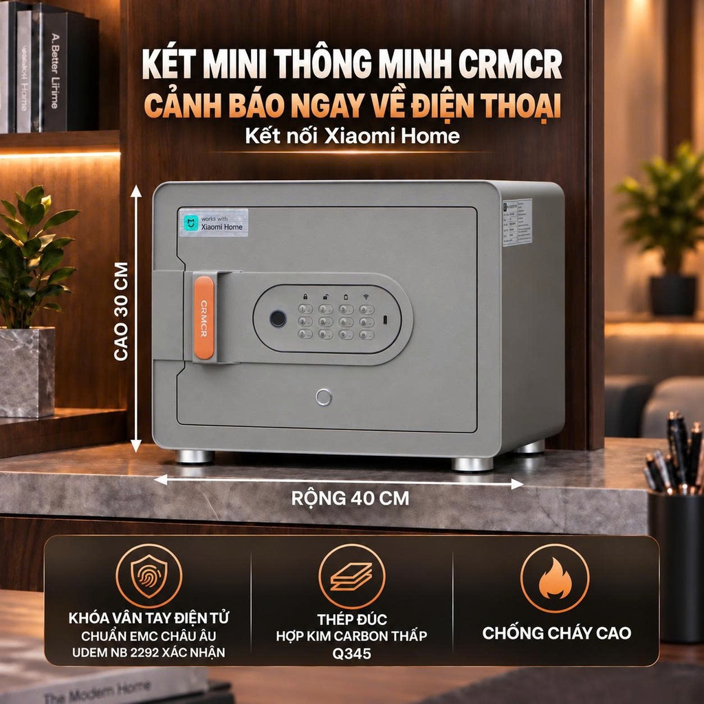 Két sắt mini Xiaomi CRMCR 30MS - Thương hiệu quốc tế, Khóa vân tay điện tử đạnh danh, 8 chế  độ cảnh báo thông minh qua điện thoại