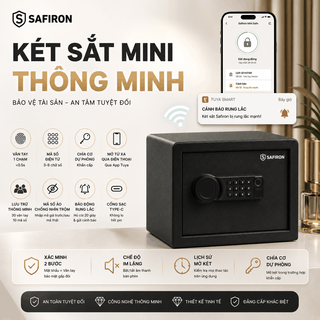 Két Sắt Mini Thông Minh Safiron 25LBF Vân Tay Điện Tử Kết Nối Điện Thoại