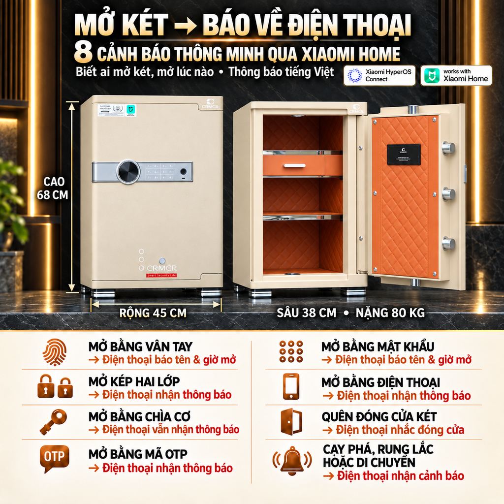 Két Sắt Xiaomi CRMCR 65JB Thép đặc nguyên khối –  Khóa vân tay điện tử định danh người dùng cảnh trộm báo điện thoại