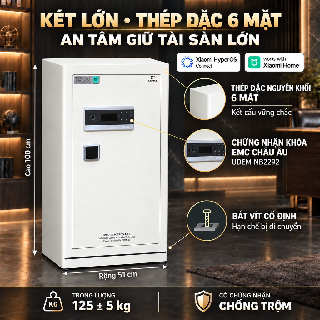 Két Sắt Xiaomi CRMCR 100LE Khóa Vân Tay Điện Tử Định Danh Người Mở, Thép Q345 Đúc Đặc 6 Mặt, 8 Chế Độ Cảnh Báo Điện Thoại