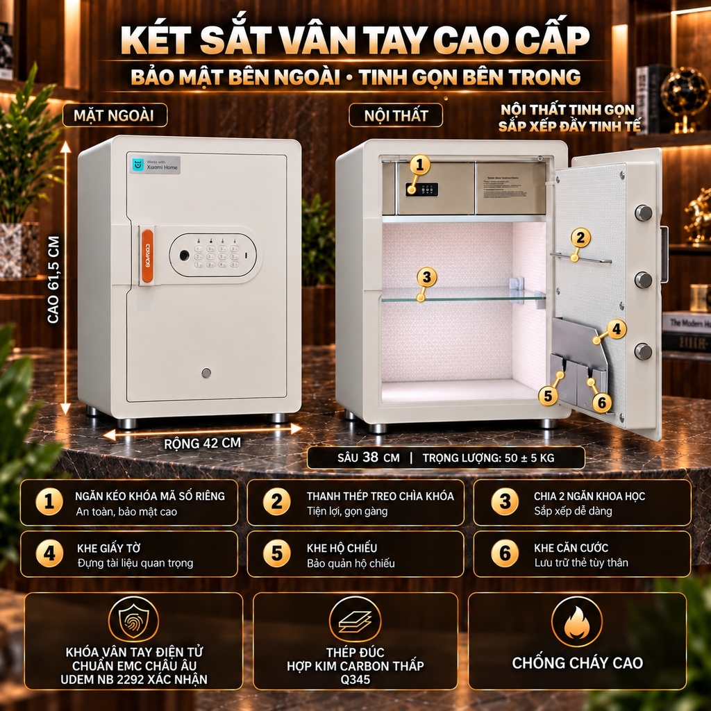Két Sắt Xiaomi CRMCR Thông Minh 60MS Khóa vân tay tự động