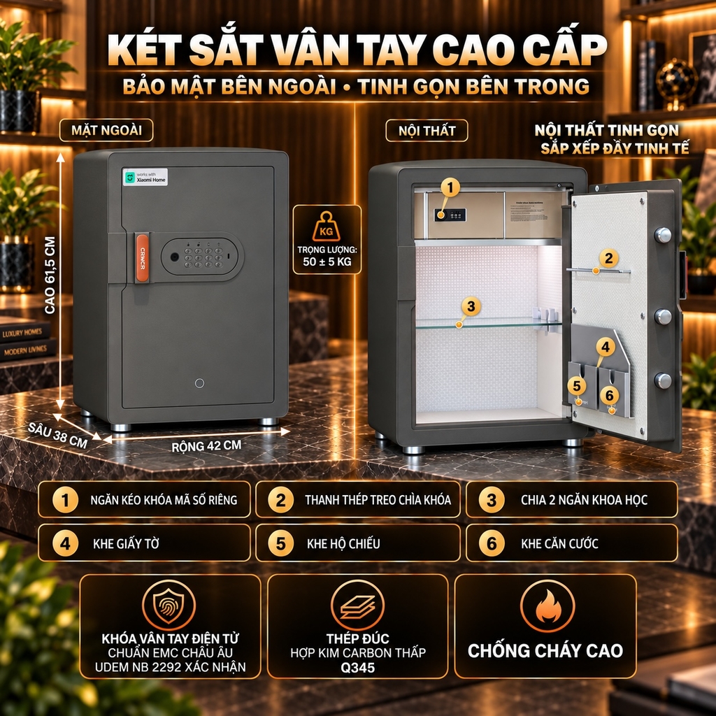 Két Sắt Xiaomi CRMCR Thông Minh 60MS Khóa vân tay tự động