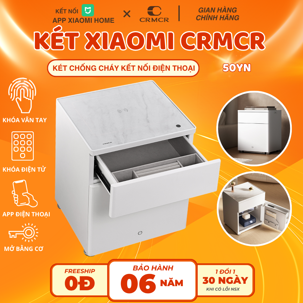 Két Sắt tủ đầu giường kèm sạc điện thoại Xiaomi CRMCR 50YN khóa vân tay điện tử định danh người mở