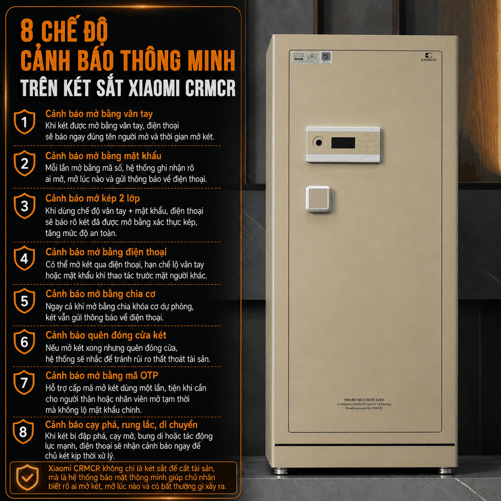 Két Sắt Xiaomi CRMCR 150LE Cỡ Lớn 220kg Báo Động Điện Thoại, Vân Tay Định Danh, Bảo Hành 6 Năm