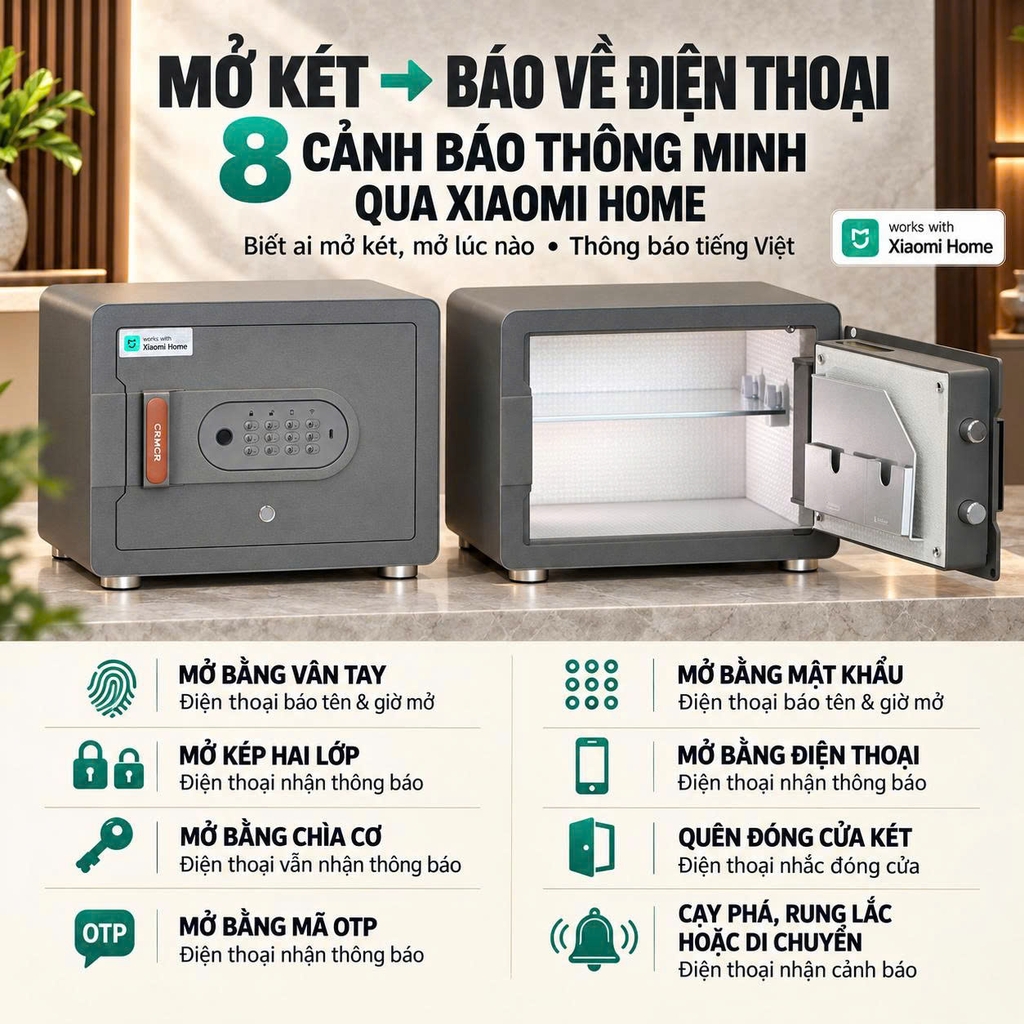 Két sắt mini Xiaomi CRMCR 30MS - Thương hiệu quốc tế, Khóa vân tay điện tử đạnh danh, 8 chế  độ cảnh báo thông minh qua điện thoại