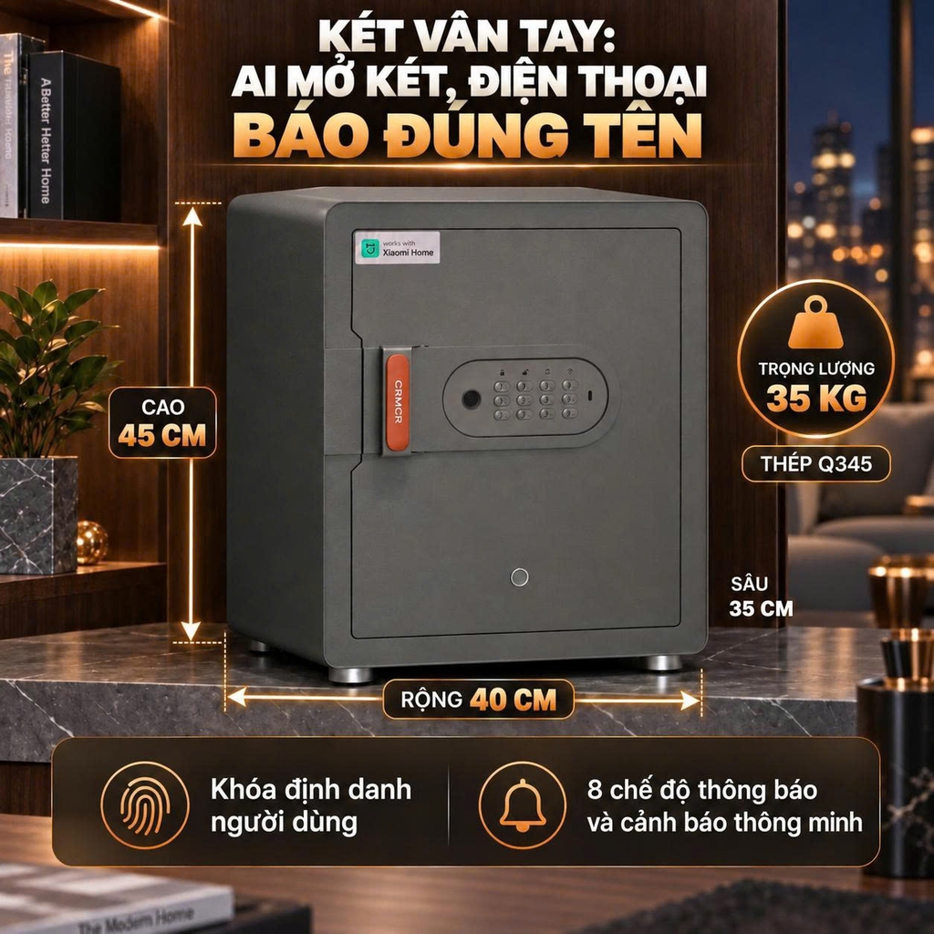 Két sắt thông minh thép đúc đặc Xiaomi CRMCR 45MS - Khóa vân tay điện tử định danh người mở