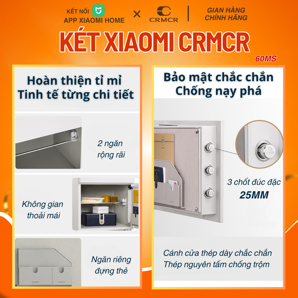 Két Sắt Xiaomi CRMCR Thông Minh 60MS Mở Cửa Tự Động Kết Nối APP Điện Thoại