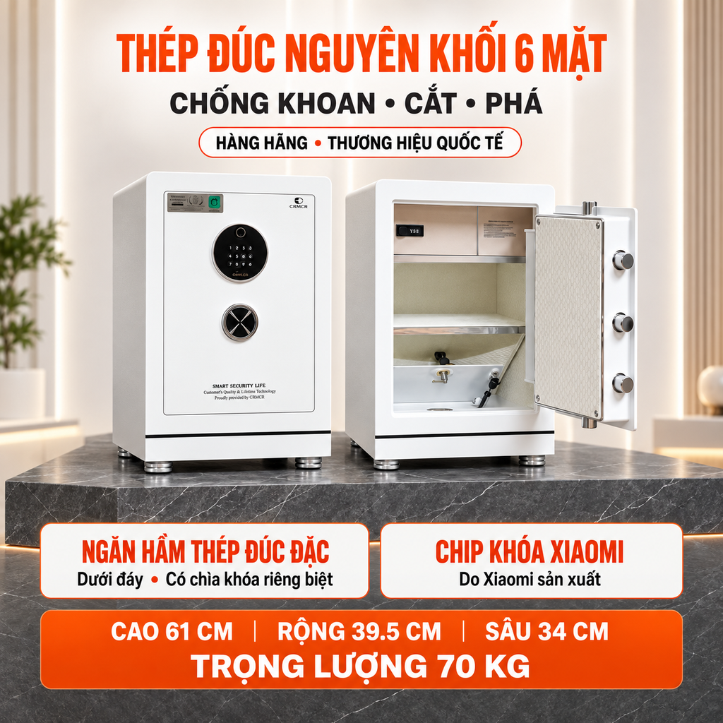 Két Sắt Xiaomi CRMCR 61PC Khóa Vân Tay Điện Tử Định Danh Người Mở, Có Hầm Bí Mật