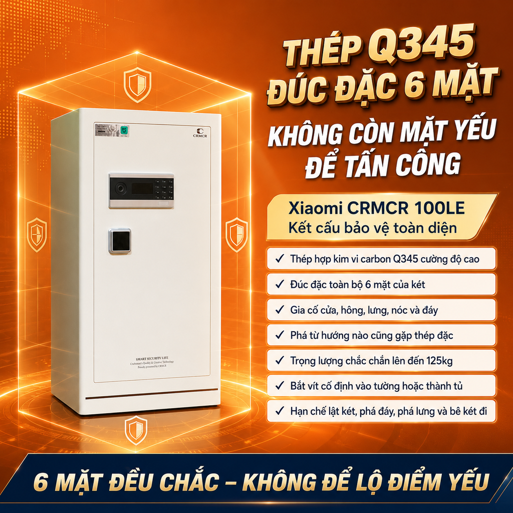 Két Sắt Xiaomi CRMCR 100LE Khóa Vân Tay Điện Tử Định Danh Người Mở, Thép Q345 Đúc Đặc 6 Mặt, 8 Chế Độ Cảnh Báo Điện Thoại