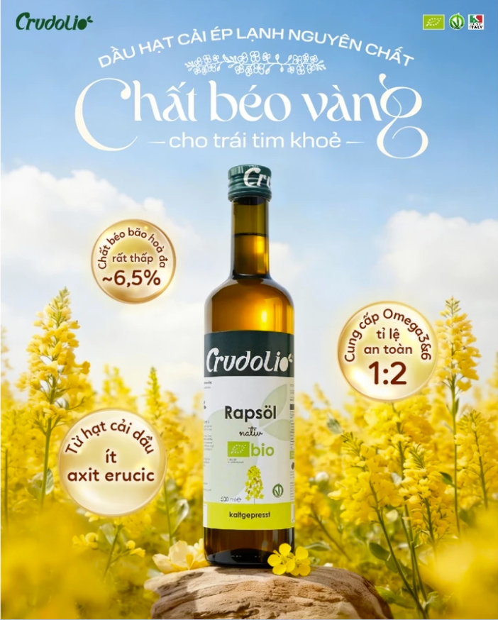 Dầu hạt cải hữu cơ ép lạnh nguyên chất Crudolio 500ml