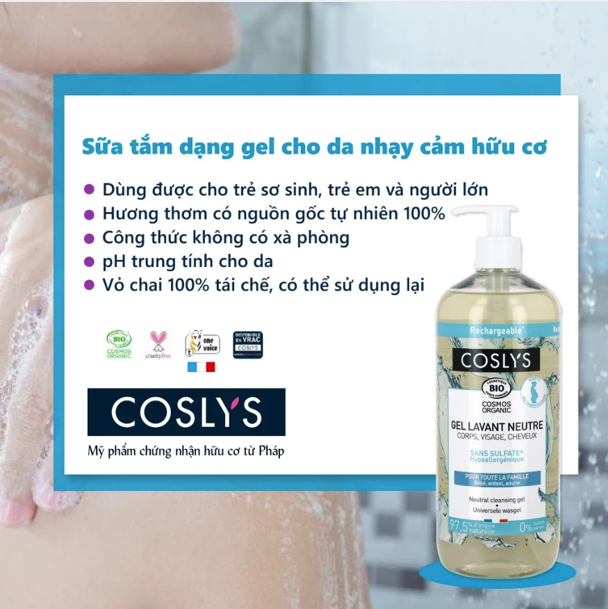 Sữa tắm dạng gel cho da nhạy cảm hữu cơ Coslys (1L)