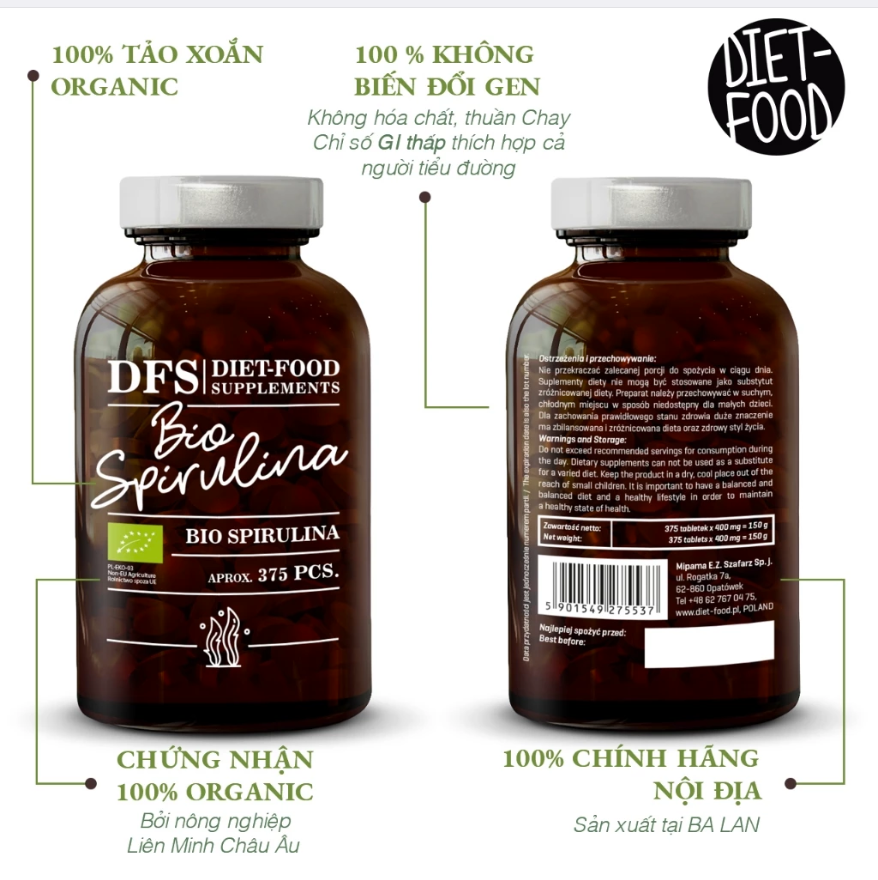 Viên uống tảo xoắn Spirulina hữu cơ (375 viên) Diet Food 150g