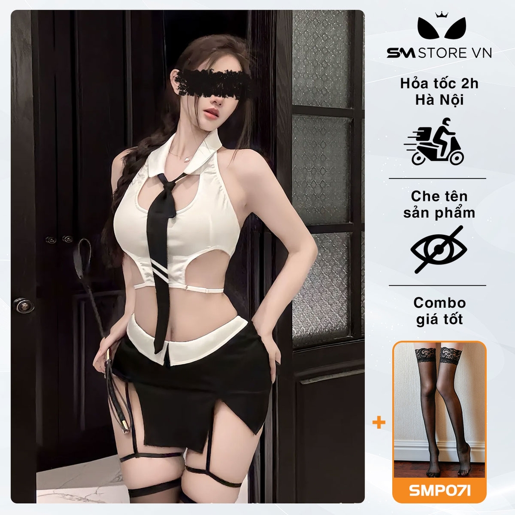 SMS680 - Cosplay cô giáo croptop kèm chân váy xẻ tà ôm body
