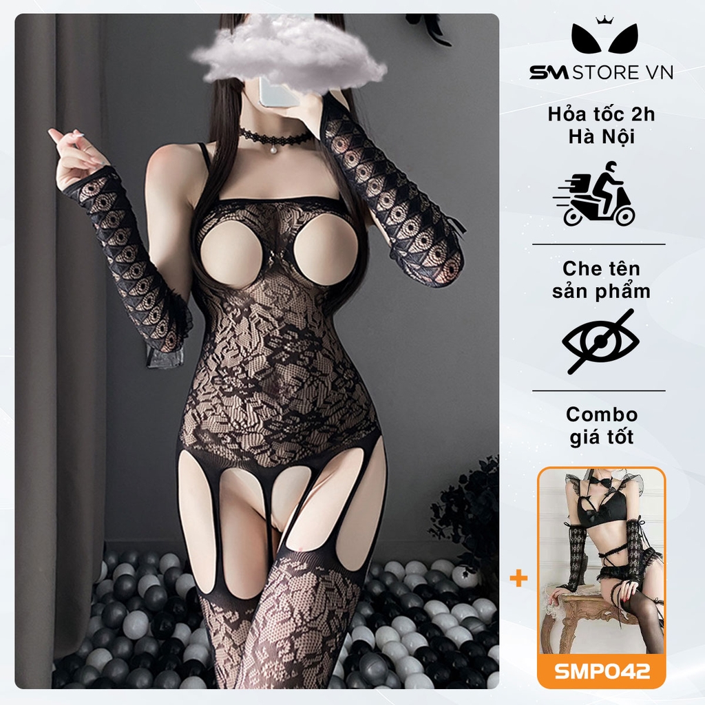SMS167 - Bộ bodysuit 2 dây thiết kế họa tiết ren đai liền vớ hở bạo